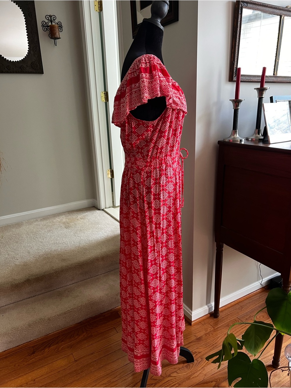 Talisman Red Geometric Off Shoulder Ruffle Boho Maxi Dress Size Small - Picture 4 of 14